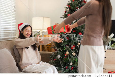 Joyful Lesbian Couple Celebrating Christmas Together with Gifts and Festive Decorations in Cozy Home Setting Joyful Lesbian Couple Celebrating Christmas Together with Gifts and Festive Decorations in Cozy Home Setting 121346411