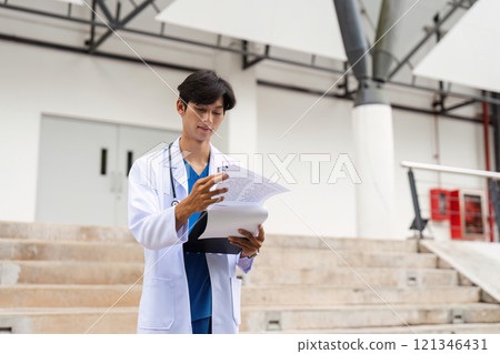 Confident Male Doctor in White Coat Reviewing Medical Documents Outdoors in a Modern Urban Setting 121346431