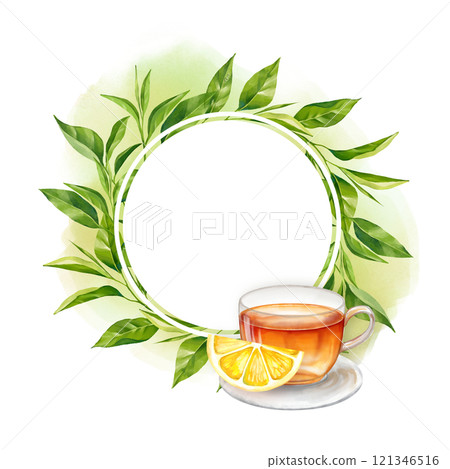 Cup of tea, lemon piece and round frame with tea leaves. Hand drawn illustration 121346516