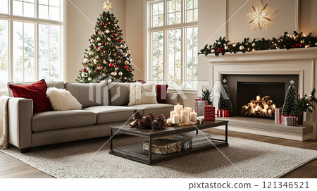 Warm living room with Christmas decorations 121346521