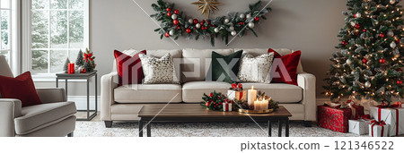 Warm living room with Christmas decorations 121346522