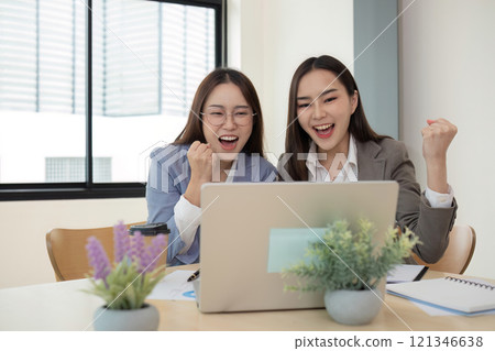 Two Female Accountant Collaborating on Financial Graphs and Data Analysis in a Modern Office Setting 121346638