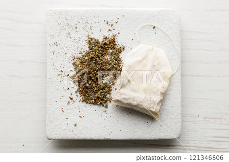 cup of hot tea and tea bag 121346806