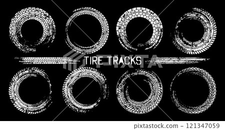 Grunge circle tire tracks, wheel braking marks. Truck, car or motorcycle tread pattern silhouettes. Auto race, motorsport, speed racing design element. Vector illustration 121347059