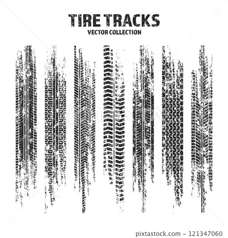 Grunge tire tracks, wheel braking marks. Truck, car or motorcycle tread pattern silhouettes. Auto race, motorsport, speed racing design element. Vector illustration 121347060
