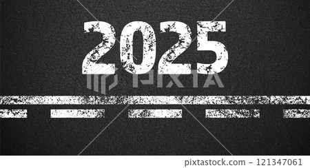 Asphalt road with white lane marking, concrete highway surface, texture. New year 2025. Street traffic line, road dividing strip. Pattern grainy structure, grunge background. Vector illustration 121347061