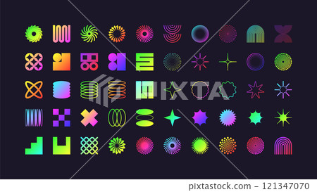 Brutalist geometric shapes, modern symbols. Colorful neon simple primitive elements and forms. Retro design, trendy contemporary minimalist style, y2k. Vector illustration Brutalist geometric shapes, modern symbols. Colorful neon simple primitive elements and forms. Retro design, trendy contemporary minimalist style, y2k. Vector illustration 121347070