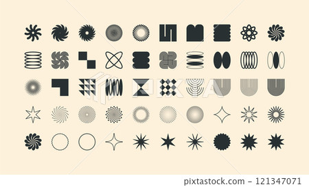 Brutalist geometric shapes, modern symbols. Simple primitive elements and forms. Retro design, trendy contemporary minimalist style, y2k. Vector illustration Brutalist geometric shapes, modern symbols. Simple primitive elements and forms. Retro design, trendy contemporary minimalist style, y2k. Vector illustration 121347071