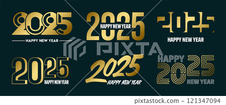 Set of 2025 Happy New Year greeting text designs. Christmas banner, poster, festive greeting card or seasonal promotion template. Collection of 2025 numbers with greetings. Vector illustration 121347094