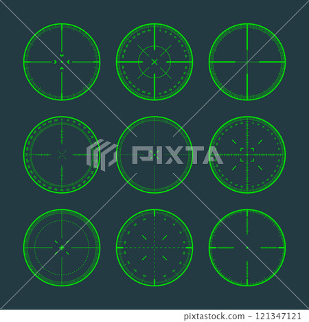 Various sniper rifle sights with degree scale, weapon optical scope crosshair. Hunting gun viewfinder. Shooting mark symbol, aim. Military target sign. Game interface UI element. Vector illustration 121347121