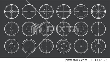 Various sniper rifle sights with degree scale, weapon optical scope crosshair. Hunting gun viewfinder. Shooting mark symbol, aim. Military target sign. Game interface UI element. Vector illustration Various sniper rifle sights with degree scale, weapon optical scope crosshair. Hunting gun viewfinder. Shooting mark symbol, aim. Military target sign. Game interface UI element. Vector illustration 121347123