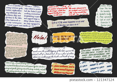 Ripped paper strips with handwritten text. Realistic crumpled paper scraps with torn edges. Shreds of notebook, book or old newspaper pages. Trendy collage elements. Vector illustration Ripped paper strips with handwritten text. Realistic crumpled paper scraps with torn edges. Shreds of notebook, book or old newspaper pages. Trendy collage elements. Vector illustration 121347124