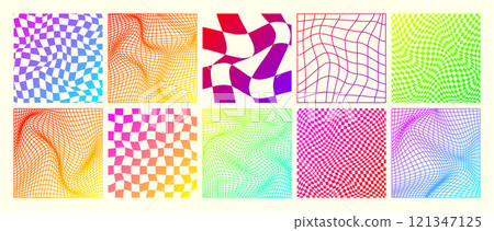 Groovy checkered pattern, neon distorted tiled grid. Vintage wavy curved backdrop, distortion effect. Funky geometric chessboard texture, retro background in 90s style, y2k. Vector illustration Groovy checkered pattern, neon distorted tiled grid. Vintage wavy curved backdrop, distortion effect. Funky geometric chessboard texture, retro background in 90s style, y2k. Vector illustration 121347125