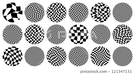 Trendy round checkered pattern, distorted tiled grid. Wavy curved backdrop, distortion effect. Funky geometric chessboard texture, retro background in 90s style, y2k. Vector illustration 121347131