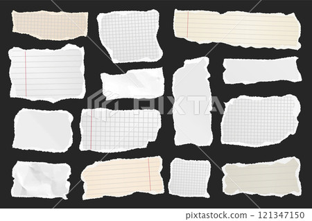 Ripped paper strips. Realistic crumpled paper scraps with torn edges. Shreds of notebook, book or old newspaper pages. Trendy collage elements. Vector illustration Ripped paper strips. Realistic crumpled paper scraps with torn edges. Shreds of notebook, book or old newspaper pages. Trendy collage elements. Vector illustration 121347150