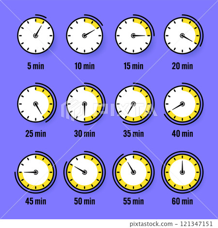 Stopwatch icons. Colorful simple chronometer, time counter with dial. Countdown timer showing hours and minutes. Deadline, measurement for sport. Cooking time label, sticker. Vector illustration 121347151