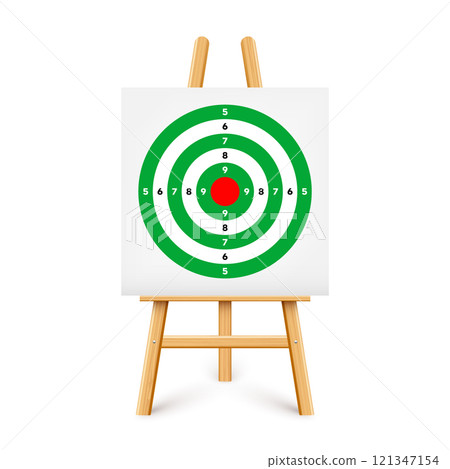 Shooting range target on a wooden easel stand. Paper target with divisions, marks and numbers. Archery, gun shooting and training, sport competition, hunting. Bullseye and aim. Vector illustration 121347154