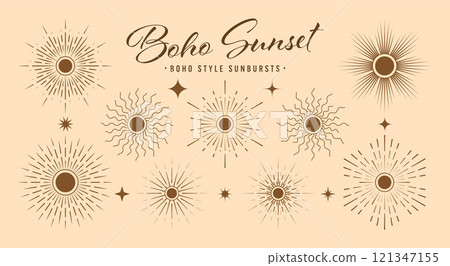 Vintage sunburst, sunset beams collection. Boho style, modern minimalist bohemian design. Hand drawn bursting sun, light rays. Logotype or lettering design element in retro style. Vector illustration 121347155