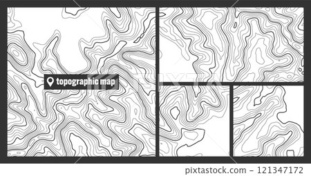 Colorful topographic map sets with contour lines. Geographic terrain grid, relief height elevation. Ground path pattern. Travel and navigation, cartography design element. Vector illustration Colorful topographic map sets with contour lines. Geographic terrain grid, relief height elevation. Ground path pattern. Travel and navigation, cartography design element. Vector illustration 121347172