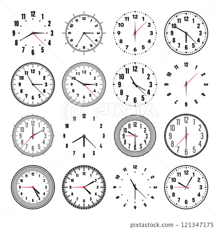 Mechanical clock faces with hands, bezel. Watch dial with minute, hour marks and numbers, arabic numerals. Timer or stopwatch element. Measuring circle scale with divisions. Vector illustration 121347175