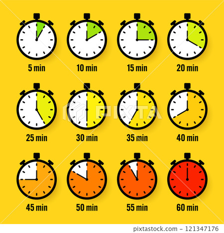 Stopwatch icons. Colorful simple chronometer, time counter with dial. Countdown timer showing hours and minutes. Deadline, measurement for sport. Cooking time label, sticker. Vector illustration Stopwatch icons. Colorful simple chronometer, time counter with dial. Countdown timer showing hours and minutes. Deadline, measurement for sport. Cooking time label, sticker. Vector illustration 121347176