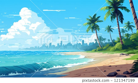 tropical palm beach by the ocean summer holiday illustration 121347199