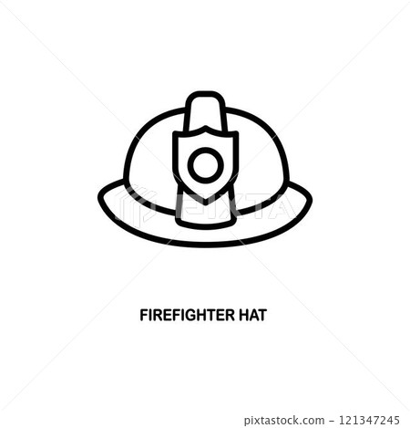 Firefighter hat icon from fashion collection. Thin linear firefighter hat, firefighter, hat outline icon isolated on white background. Firefighter hat icon from fashion collection. Thin linear firefighter hat, firefighter, hat outline icon isolated on white background. 121347245