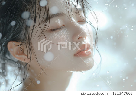一位年輕的日本女性在美麗模糊的水花背景下洗澡 121347605