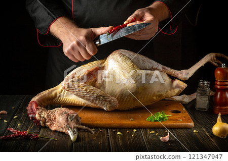 A master chef hands use a knife to slice red peppers before adding them to a large turkey to create a savory dish for a fine dining restaurant. National dish made from poultry A master chef hands use a knife to slice red peppers before adding them to a large turkey to create a savory dish for a fine dining restaurant. National dish made from poultry 121347947