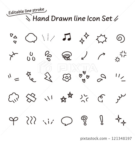 Vector data that allows you to edit lines. A set of monochrome icons with hand-drawn emotions that can also be used in manga. 121348197