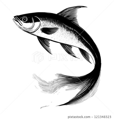 An elaborate sketch-style illustration of a fish, cut out on a transparent background 121348323