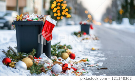Christmas waste concept. Overflowing garbage bins with discarded Christmas decorations on snowy street 121348362