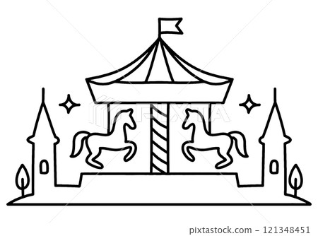 A fairytale merry-go-round line drawing illustration, cut out on a transparent background 121348451