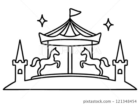 童話般的旋轉木馬的線條畫插圖，透明背景上的切口 121348454