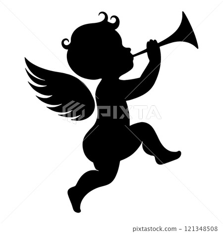 Silhouette illustration of a baby angel playing a trumpet, cut out on transparent background Silhouette illustration of a baby angel playing a trumpet, cut out on transparent background 121348508