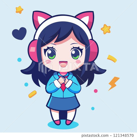 Girl sticker. Manga woman character. Kawaii cartoon kid. Cheerful comic portrait 121348570
