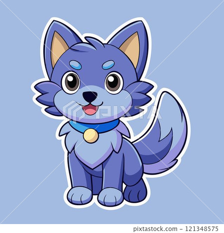 Wolf sticker. Grey comic coyote. Cartoon furry mascot. Cute cheerful character 121348575
