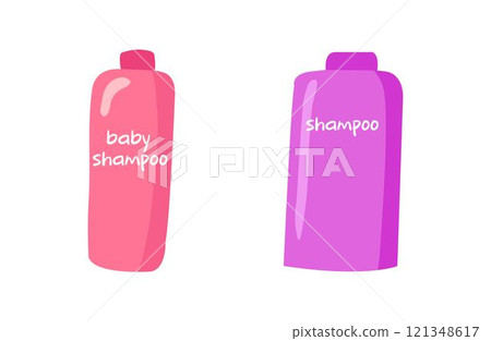 Pink baby shampoo bottle and purple shampoo bottle illustration clean minimalistic design 121348617