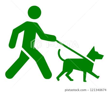 Pictogram-style illustration of a person walking a dog, cut out on transparent background 121348674