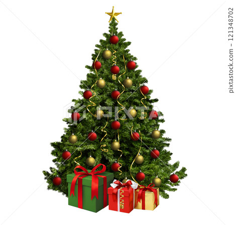 A Beautifully Festively Decorated Christmas Tree Surrounded by Gifts Underneath It A Beautifully Festively Decorated Christmas Tree Surrounded by Gifts Underneath It 121348702