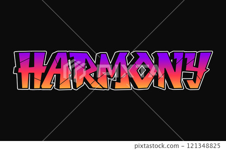 Harmony word trippy psychedelic graffiti style letters.Vector hand drawn doodle cartoon logo Harmony illustration. Funny cool trippy letters, fashion, graffiti style print t-shirt, poster concept 121348825