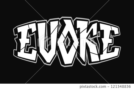 Evoke - single word, letters graffiti style. Vector hand drawn logo. Funny cool trippy word Evoke, fashion, graffiti style print t-shirt, poster concept 121348836