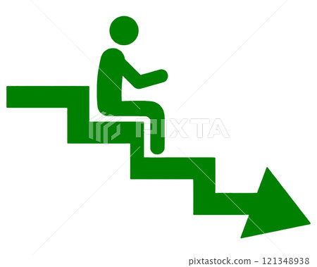 象形圖式的插圖,顯示一個人坐在下降的箭頭上,失敗的圖像,透明背景上的切口 象形圖式的插圖,顯示一個人坐在下降的箭頭上,失敗的圖像,透明背景上的切口 121348938