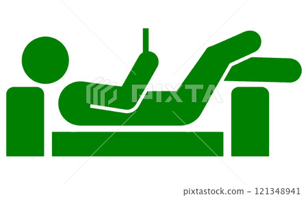 A pictogram-style illustration of a person lying down in a sloppy pose on a sofa and looking at a smartphone screen. Transparent background 121348941