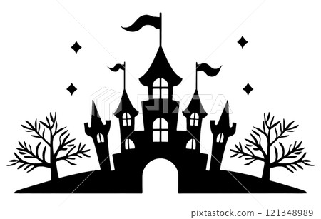 Fairytale castle silhouette illustration, cut out on transparent background 121348989