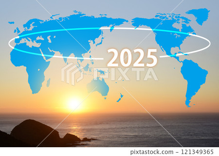 World map and 2025 combined on the morning sun 121349365