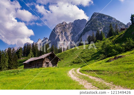 Donnerkogel Mountain in Alps, Gosau, Gmunden district, Upper Austria federal state, sunny summer day 121349426