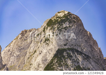 Ferrata Donnerkogel between Grosser and Kleiner Donnerkogel Mountain in Alps, Gosau, Gmunden district, Upper Austria federal state, sunny summer day 121349428