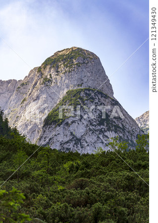 Ferrata Donnerkogel between Grosser and Kleiner Donnerkogel Mountain in Alps, Gosau, Gmunden district, Upper Austria federal state, sunny summer day 121349430