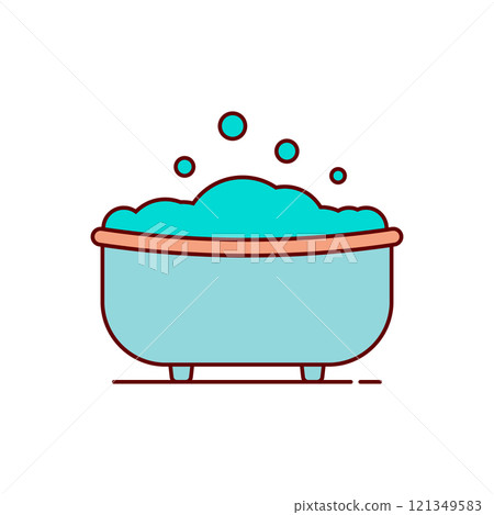 Bathtub with foam and bubbles. Colored vector illustration on a white background. Outline and line style. Bathtub with foam and bubbles. Colored vector illustration on a white background. Outline and line style. 121349583